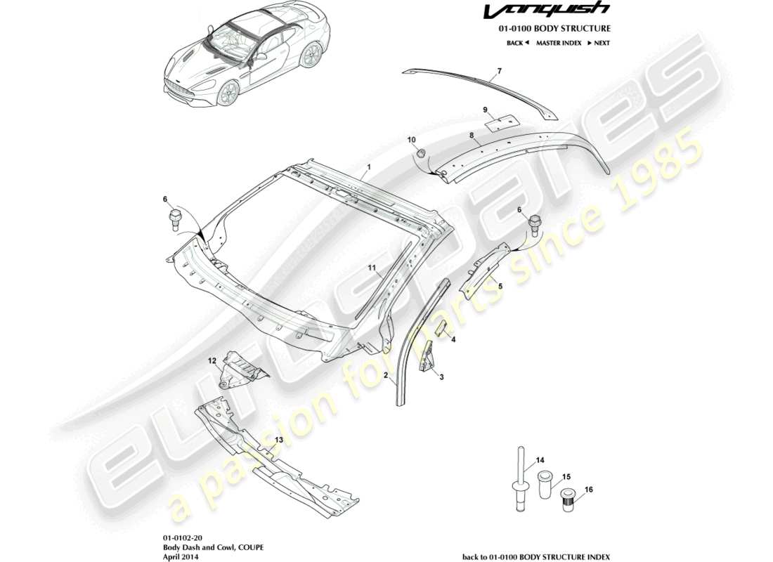 aston martin vanquish (2018) carrocería, tablero y capó, diagrama de piezas del cupé