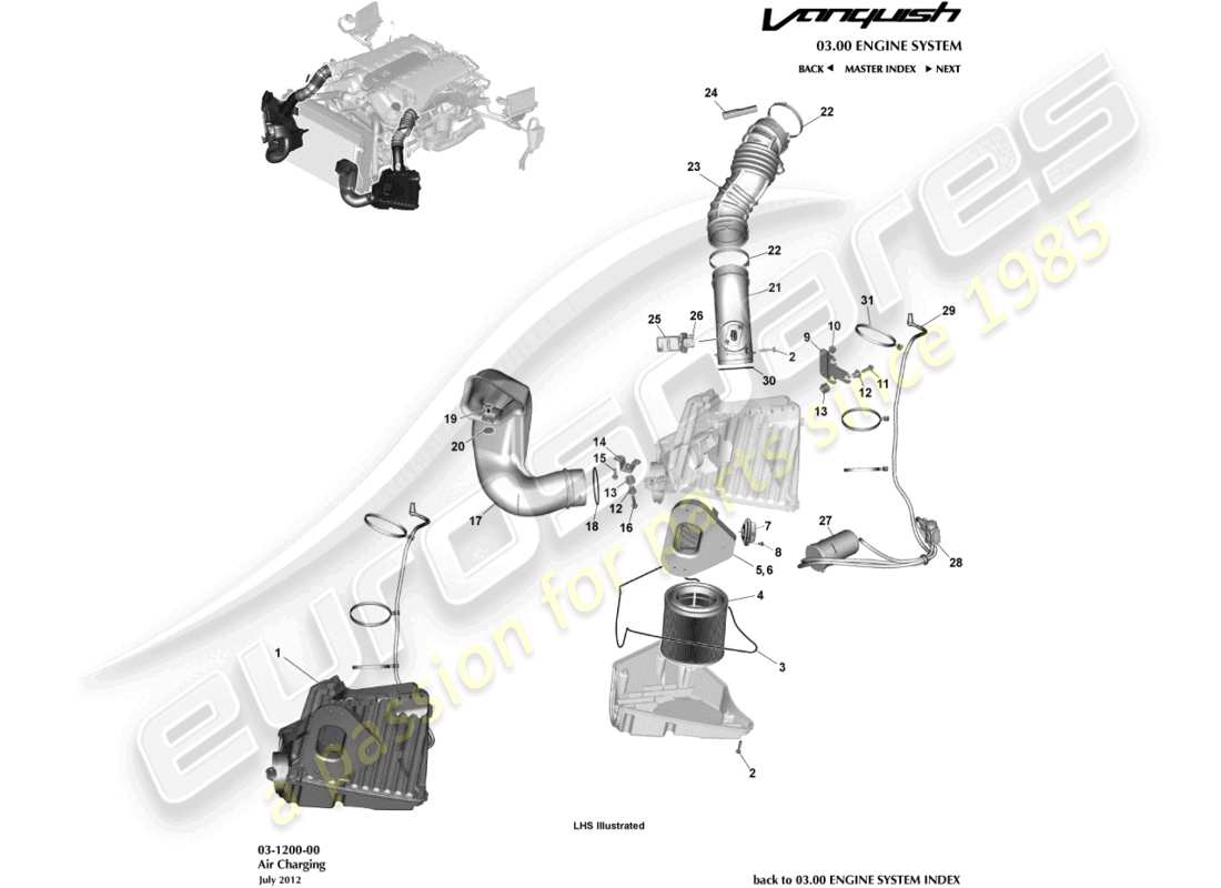 aston martin vanquish (2017) diagrama de piezas de carga de aire