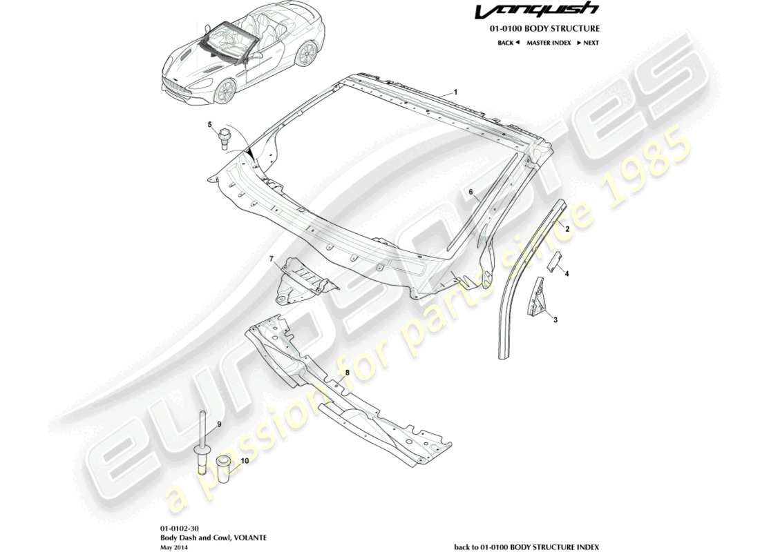 aston martin vanquish (2016) carrocería, tablero y capó, diagrama de piezas de volante