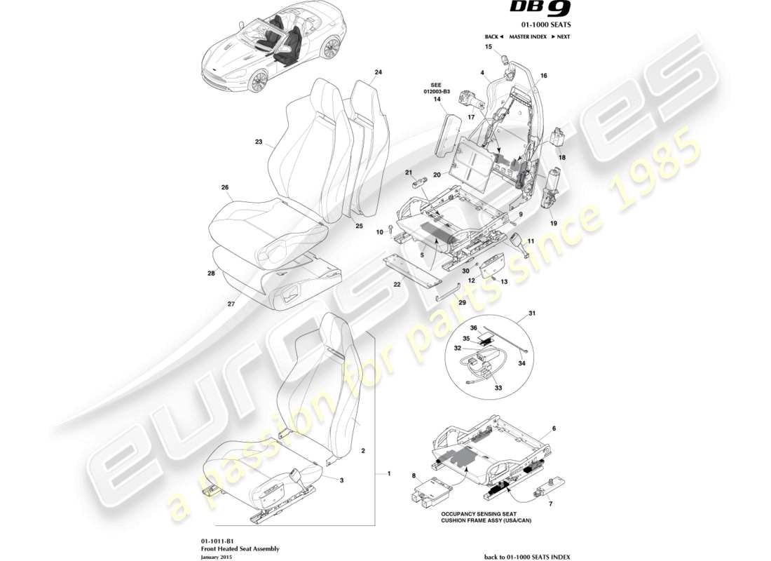 aston martin db9 (2015) diagrama de piezas de los asientos delanteros con calefacción