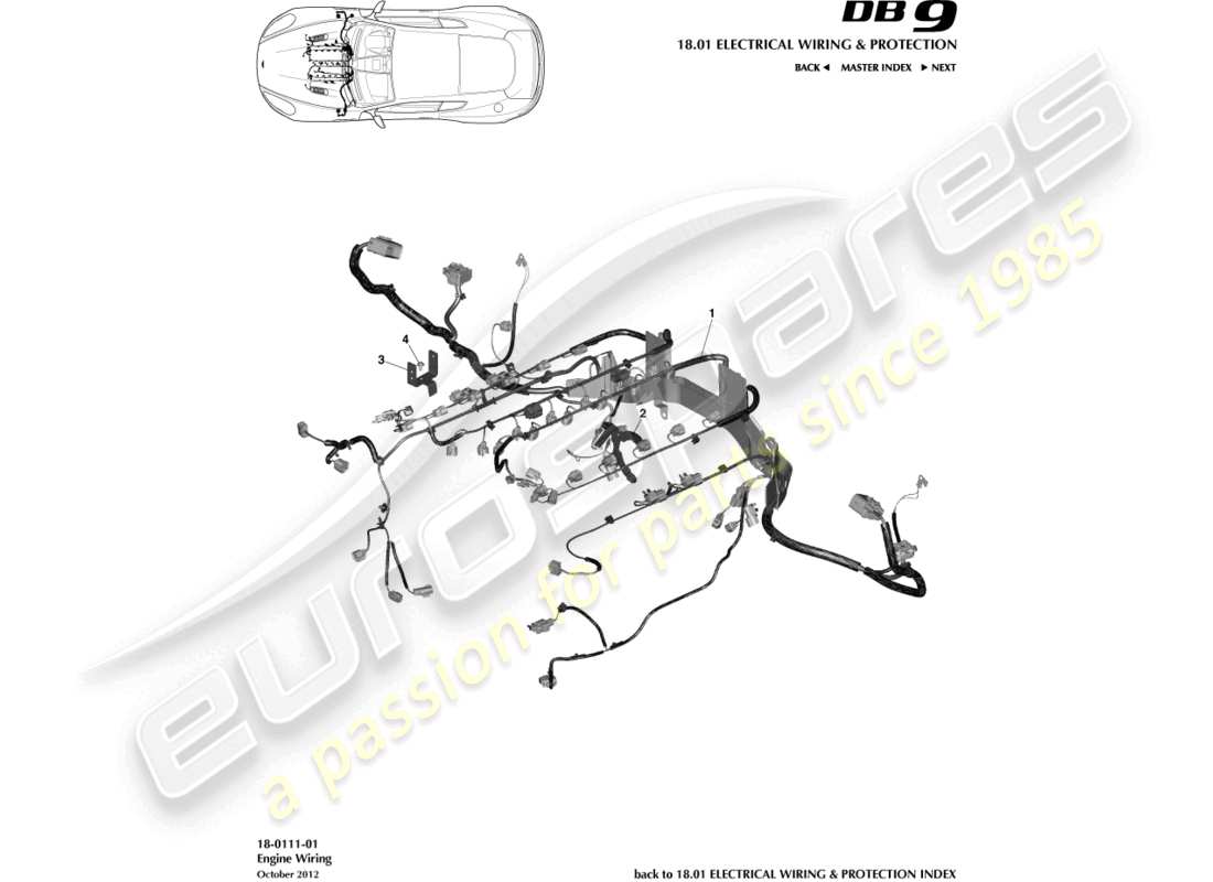 aston martin db9 (2015) diagrama de piezas del arnés del motor