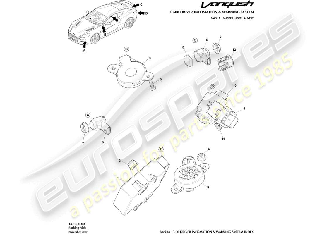 aston martin vanquish (2016) diagrama de piezas de ayuda de estacionamiento