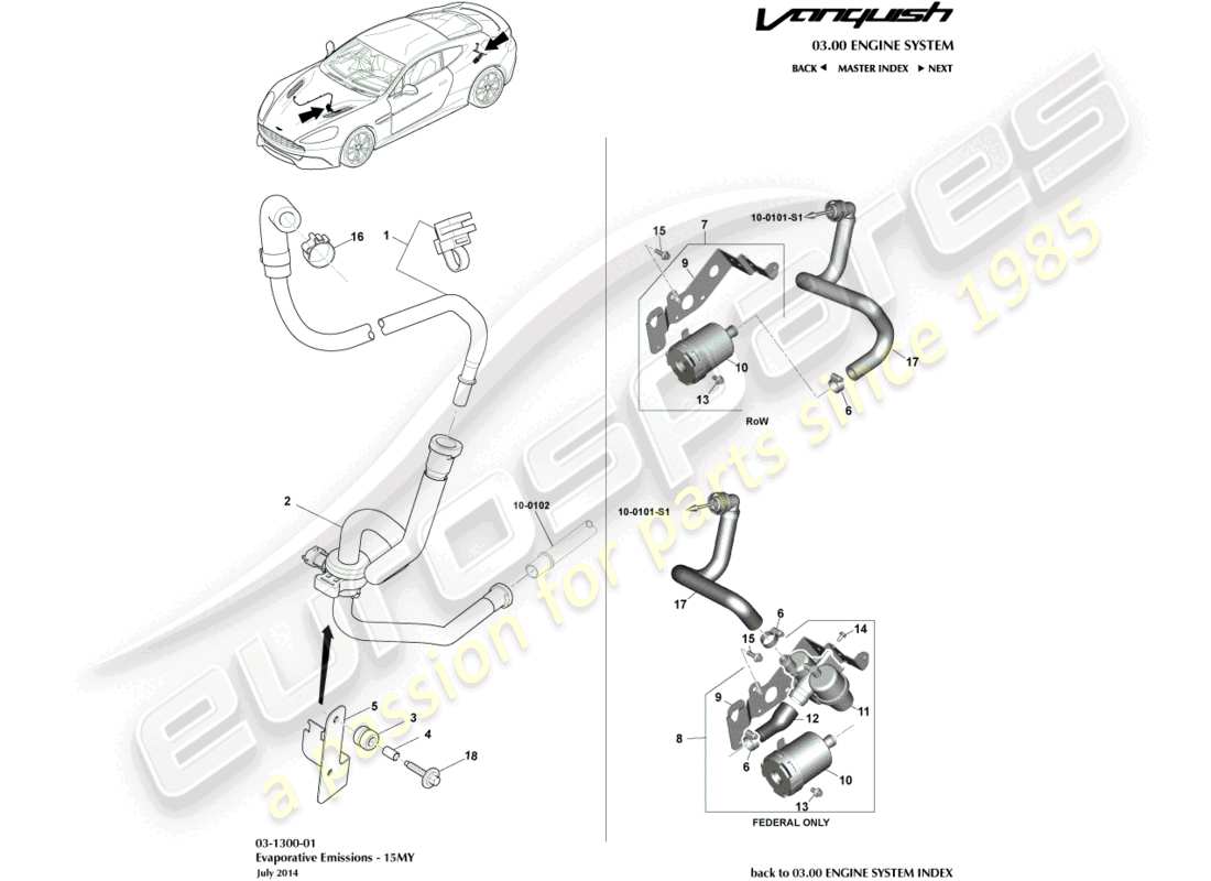 aston martin vanquish (2016) emisiones evaporativas, 15my diagrama de piezas