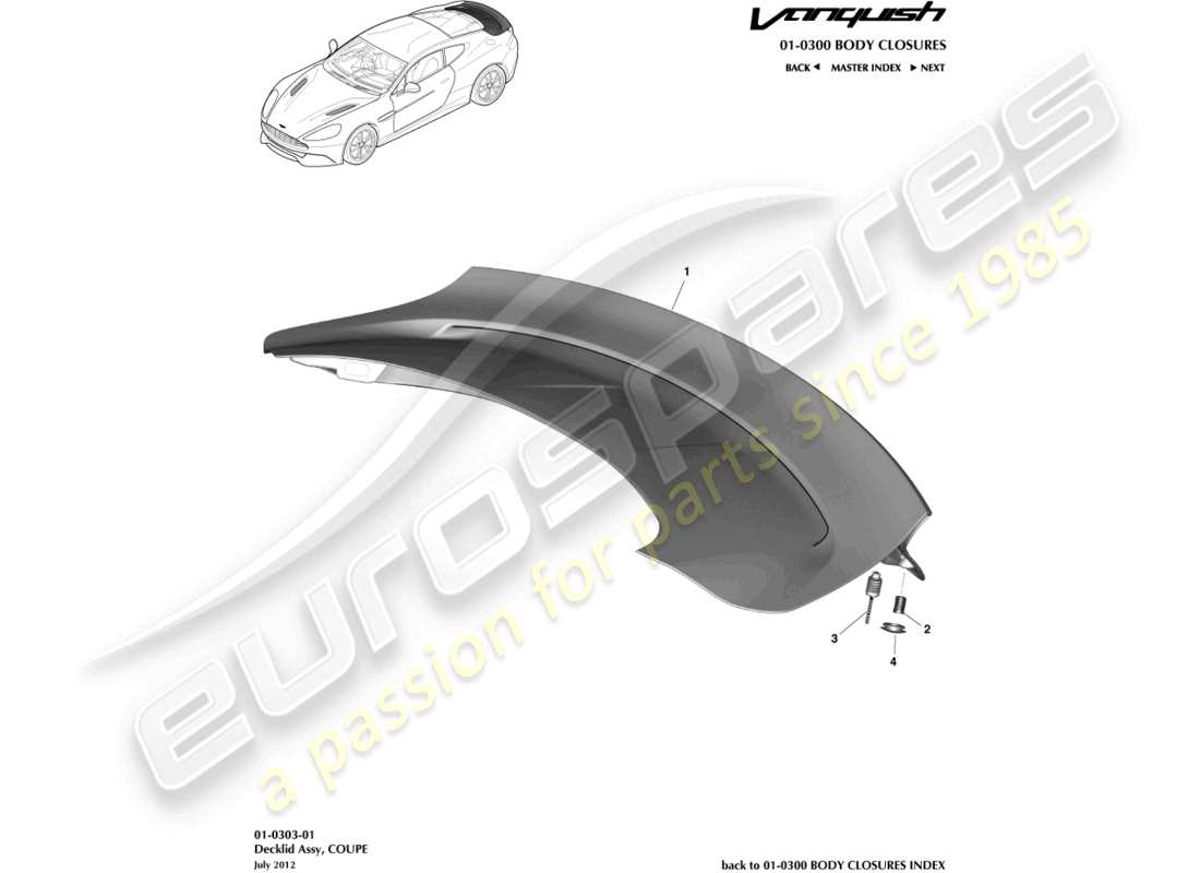 aston martin vanquish (2016) conjunto de portón trasero, cupé diagrama de piezas