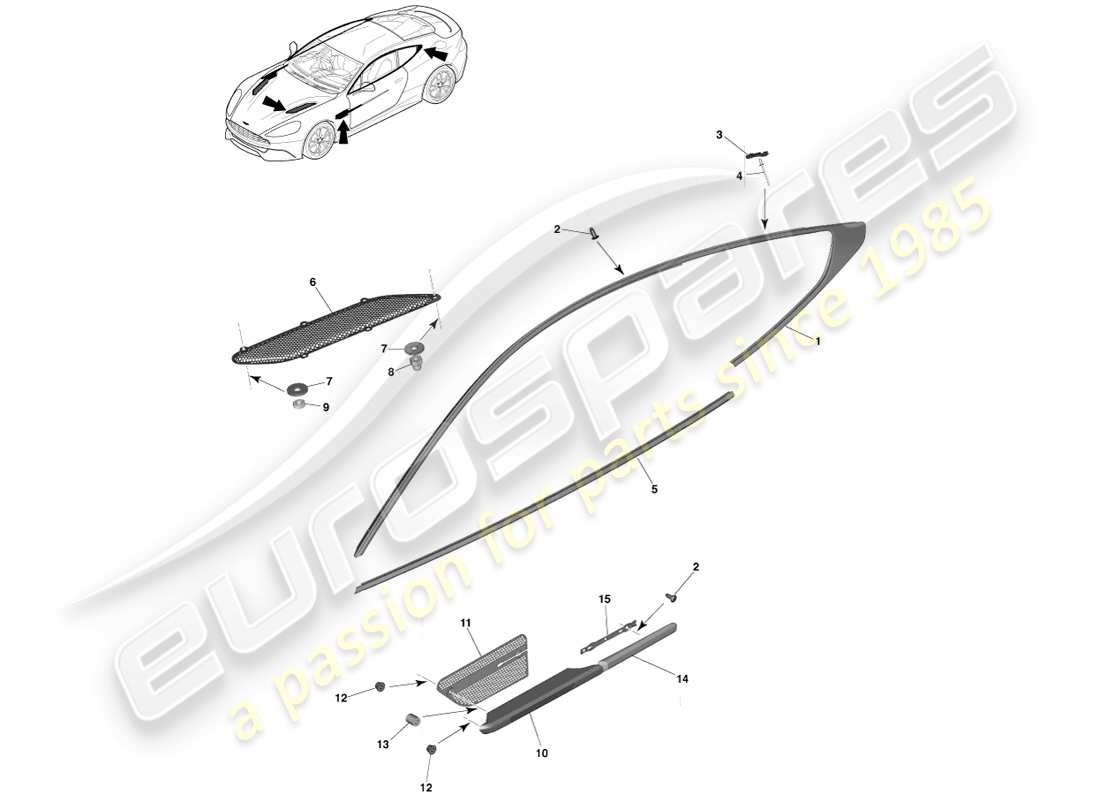 aston martin vanquish (2013) acabados exteriores superiores, cupé diagrama de piezas