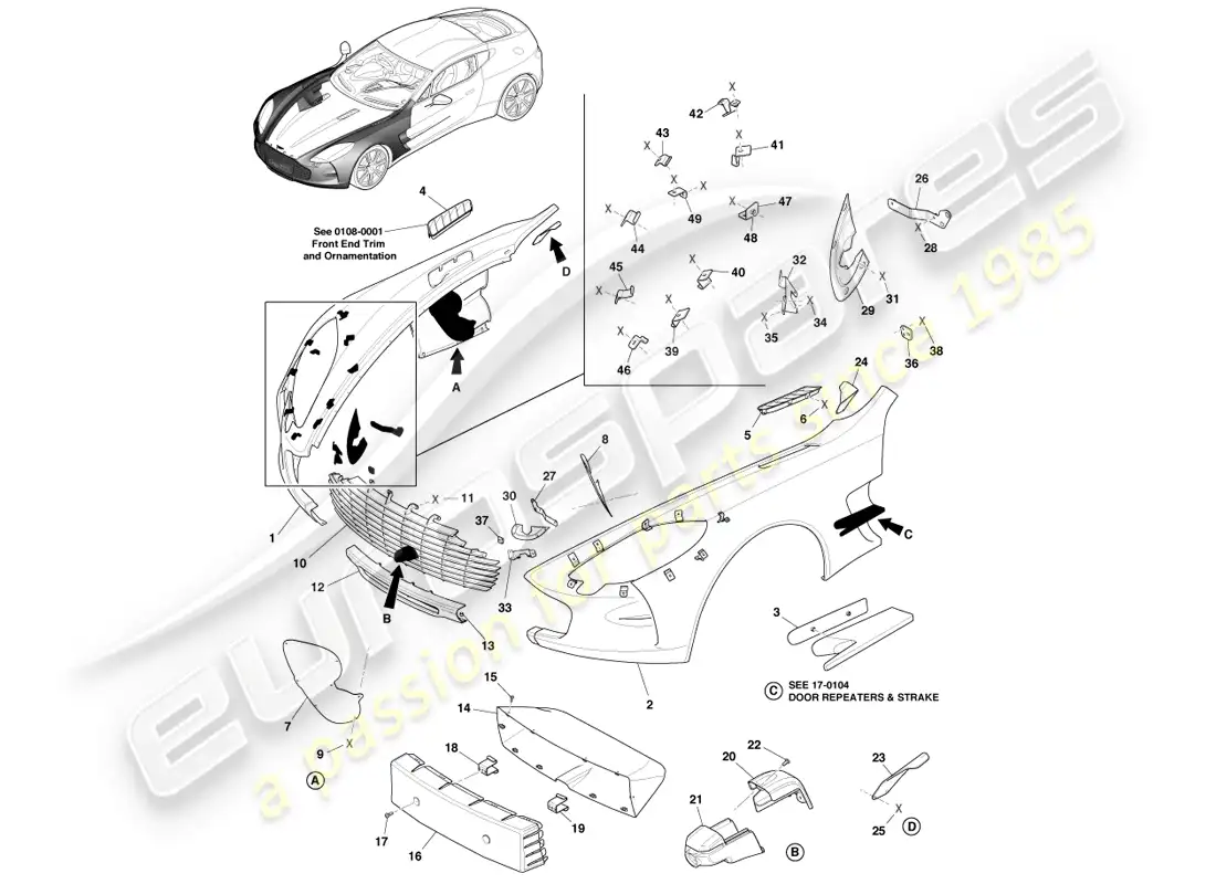 aston martin one-77 (2011) alerones delanteros y parrilla diagrama de piezas