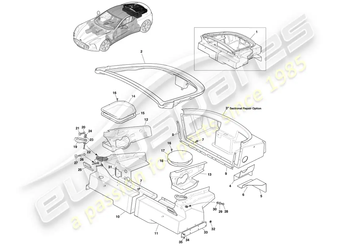 aston martin one-77 (2011) tronco trasero diagrama de piezas