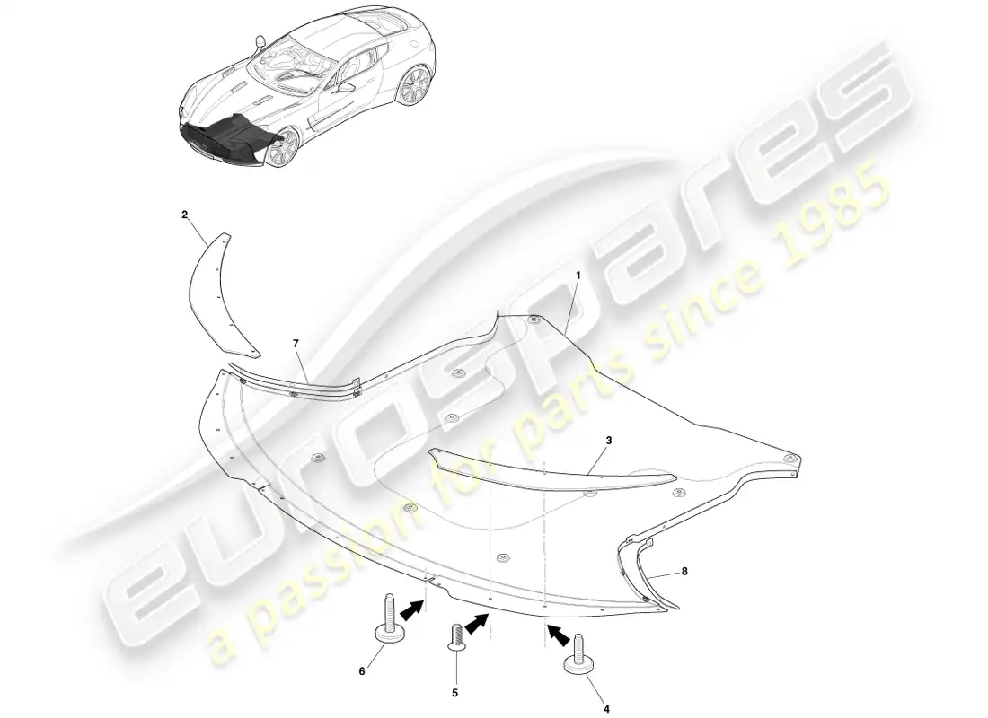 aston martin one-77 (2011) piso aerodinámico delantero diagrama de piezas