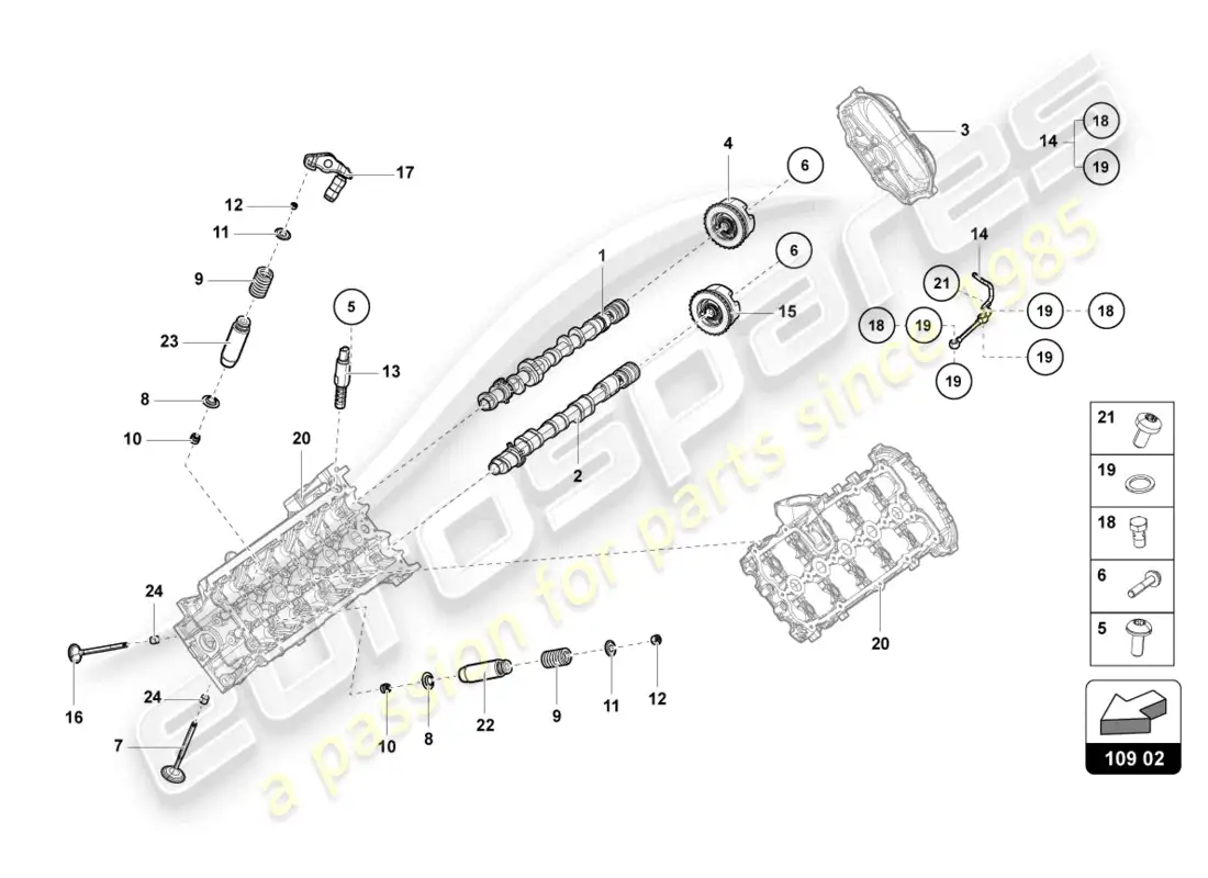 lamborghini tecnica (2024) árbol de levas, válvulas diagrama de piezas