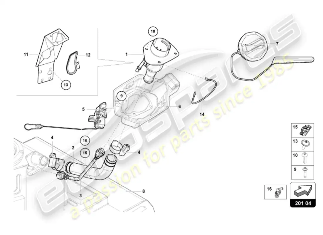 lamborghini ultimae (2022) cuello de llenado de combustible con restricción sólo para combustible sin plomo diagrama de piezas
