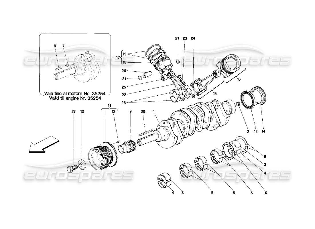 ferrari 348 (2.7 motronic) diagrama de piezas del cigüeñal, bielas y pistones
