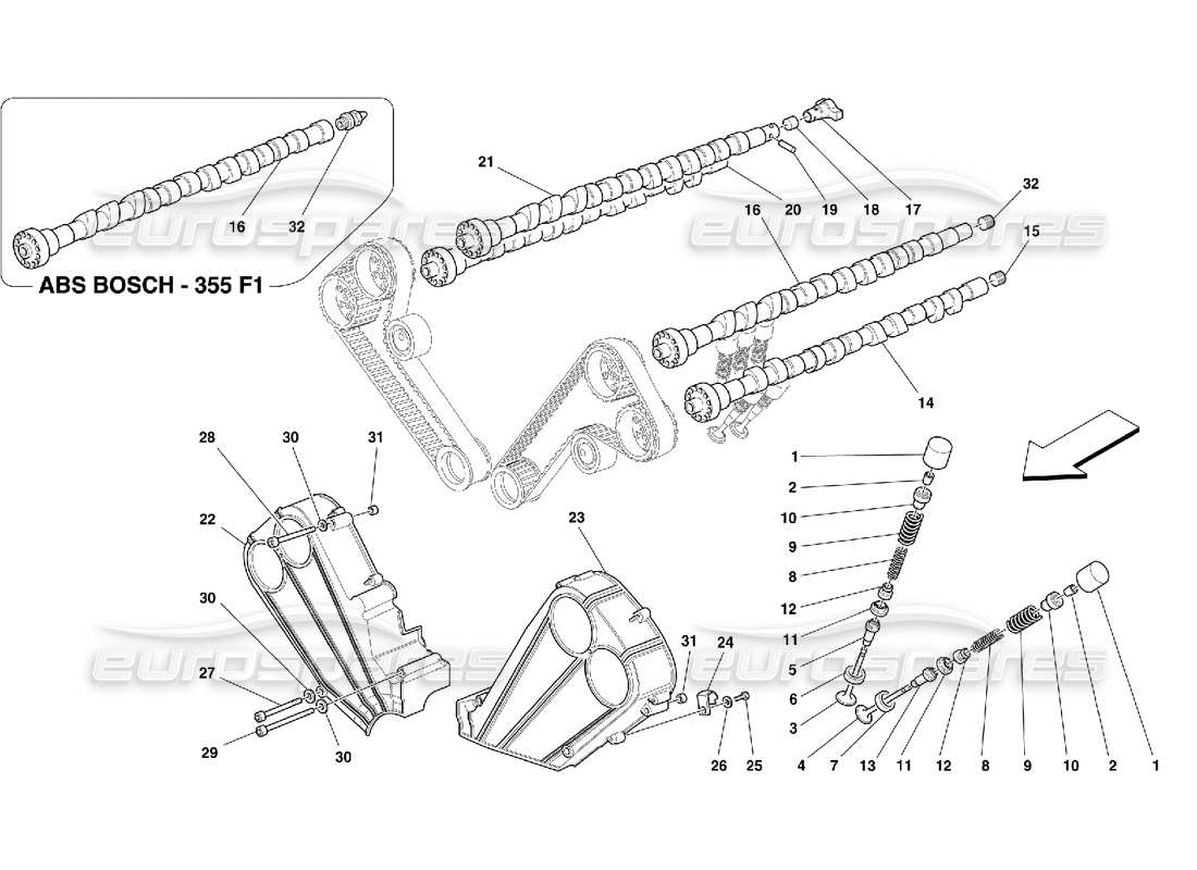 ferrari 355 (5.2 motronic) sincronización: diagrama de piezas de taqués y protectores