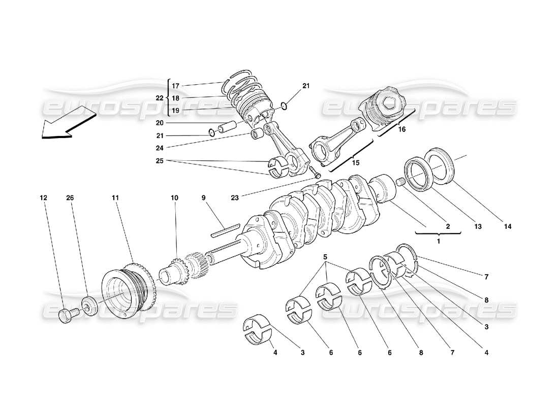 ferrari 355 (5.2 motronic) diagrama de piezas del cigüeñal, bielas y pistones