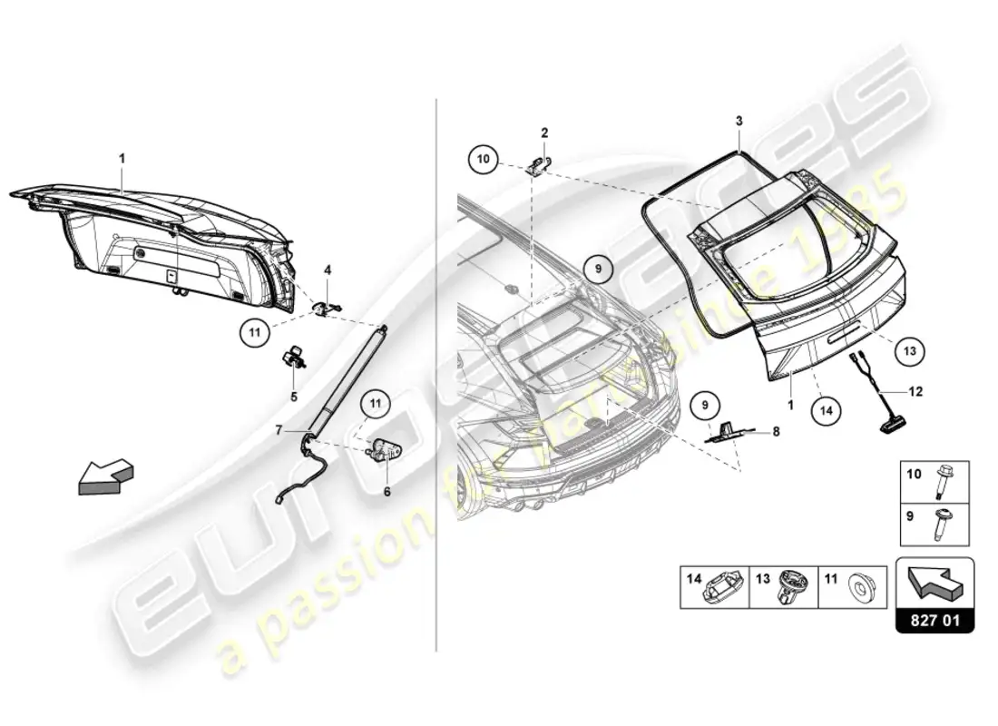 lamborghini urus performante (2023) tapa trasera trasera diagrama de piezas