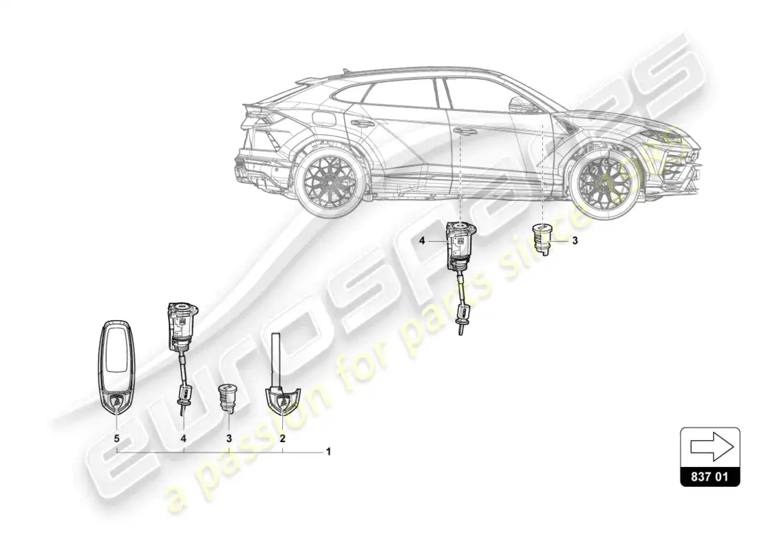 lamborghini urus performante (2023) llave principal con trans diagrama de piezas