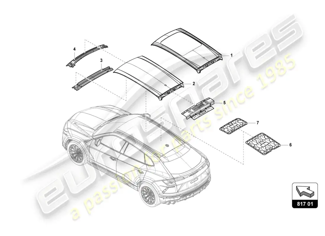lamborghini urus (2019) marco del techo-panel exterior diagrama de piezas