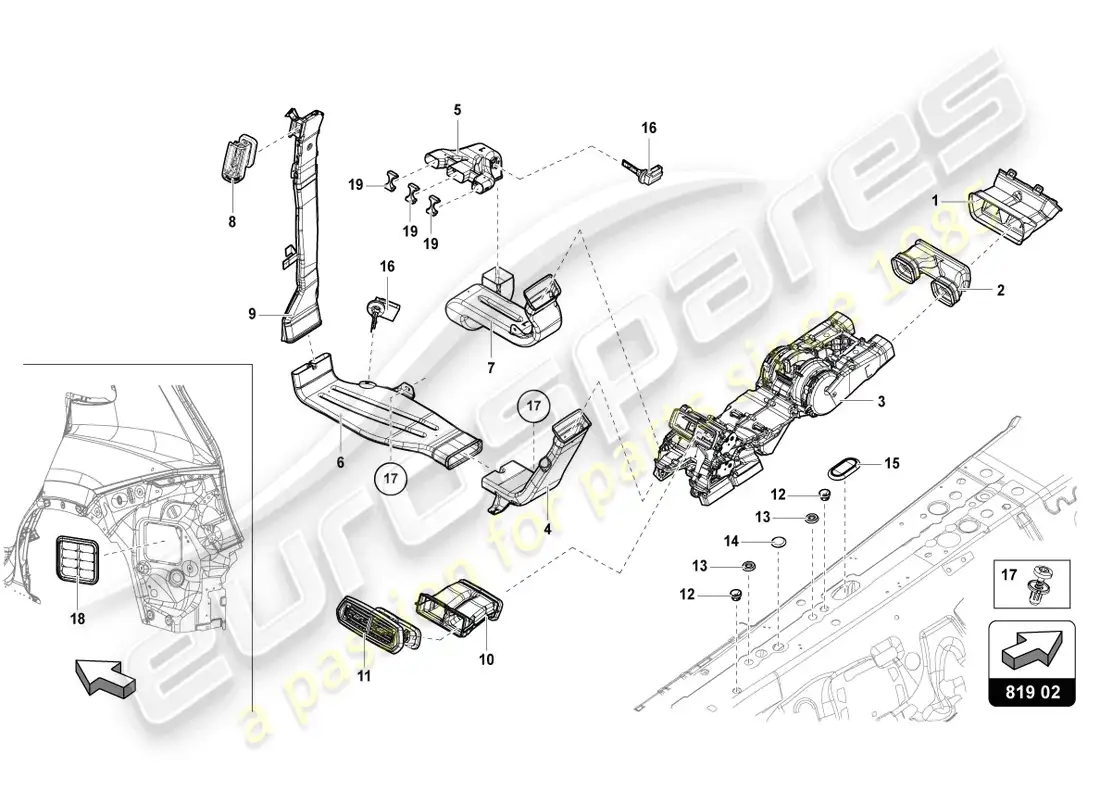 lamborghini urus performante (2023) ventilación trasera central diagrama de piezas
