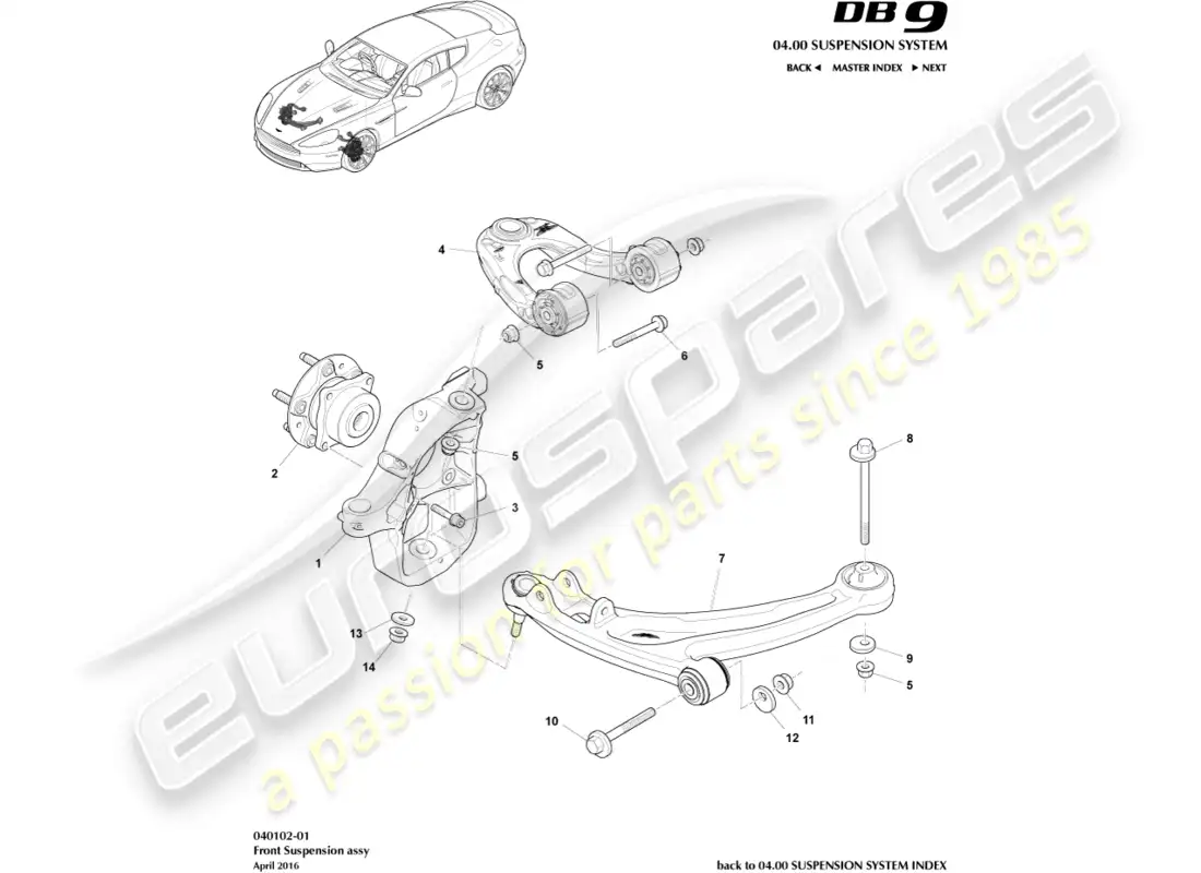 aston martin db9 (2014) conjunto de suspensión delantera diagrama de piezas