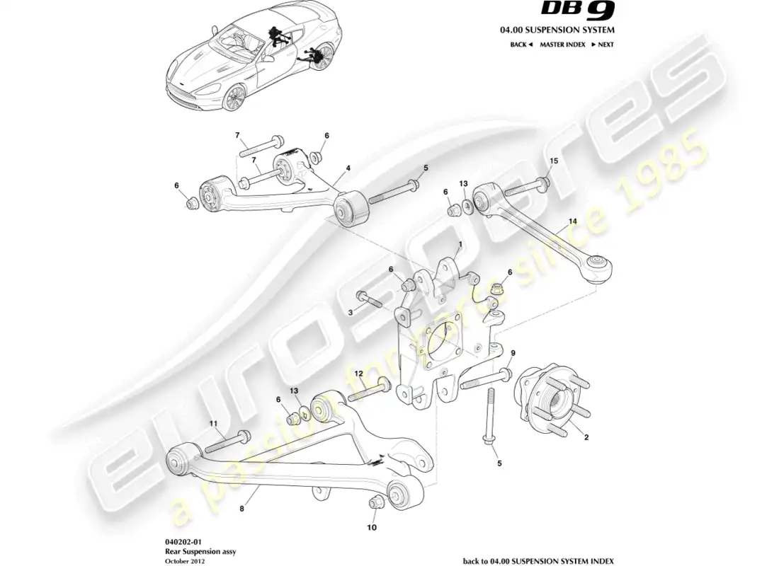 aston martin db9 (2014) conjunto de suspensión trasera diagrama de piezas