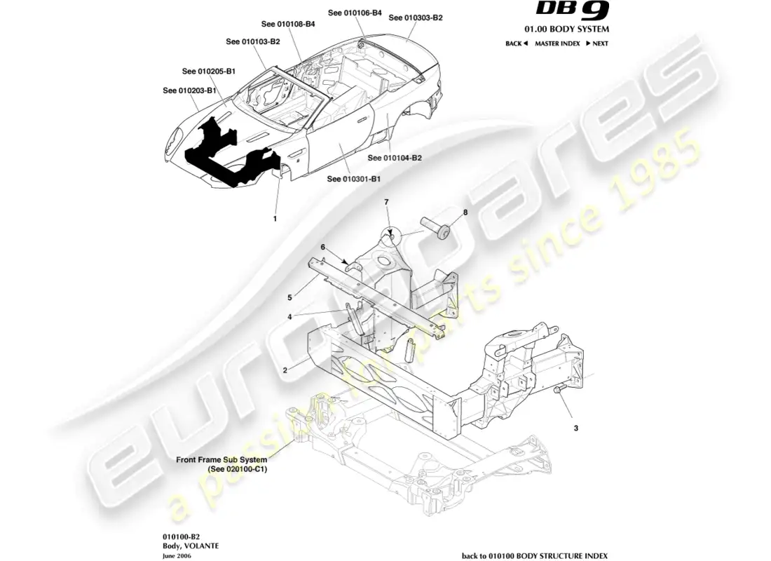 aston martin db9 (2005) cuerpo, volante diagrama de piezas