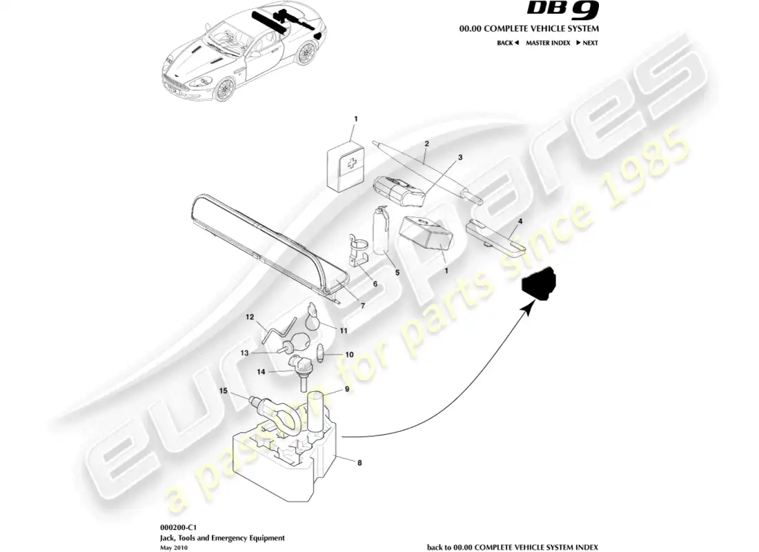 aston martin db9 (2005) diagrama de piezas del equipo de emergencia