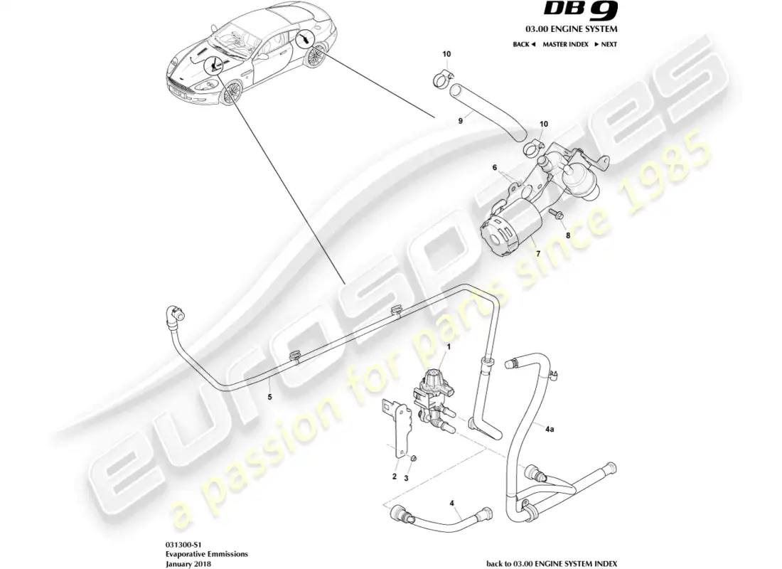 aston martin db9 (2005) emisiones evaporativas diagrama de piezas