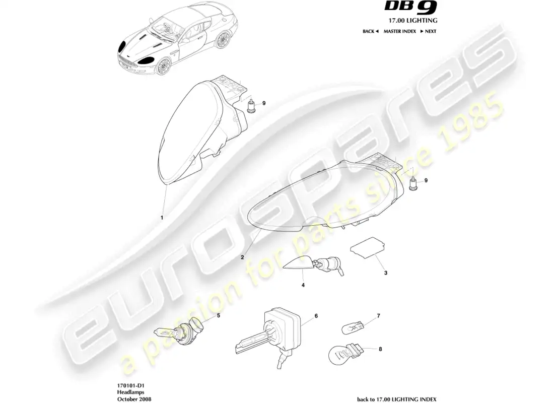 aston martin db9 (2009) faros diagrama de piezas