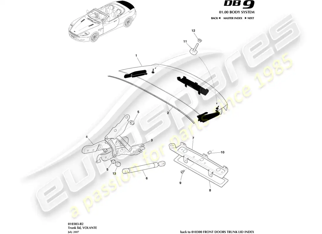 aston martin db9 (2004) tapa del maletero, volante diagrama de piezas