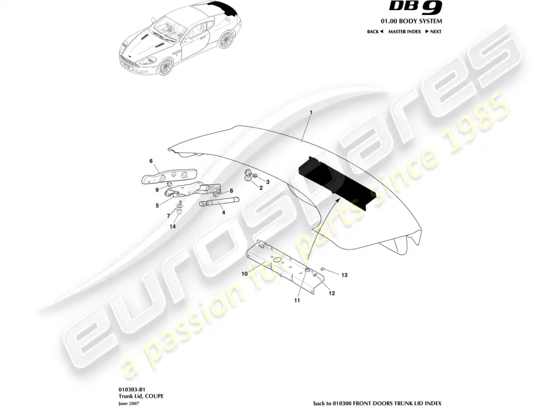 aston martin db9 (2004) tapa del maletero, cupé diagrama de piezas