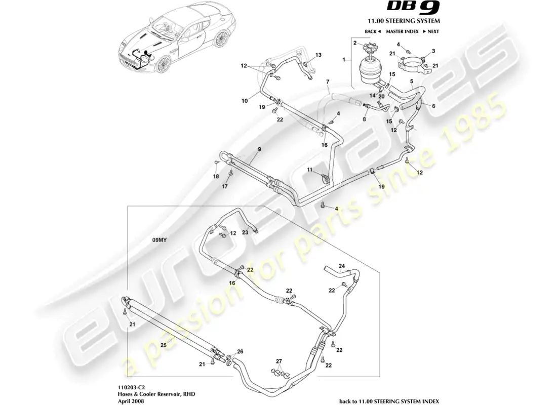 aston martin db9 (2012) enfriador, mangueras y depósito, lado derecho diagrama de piezas