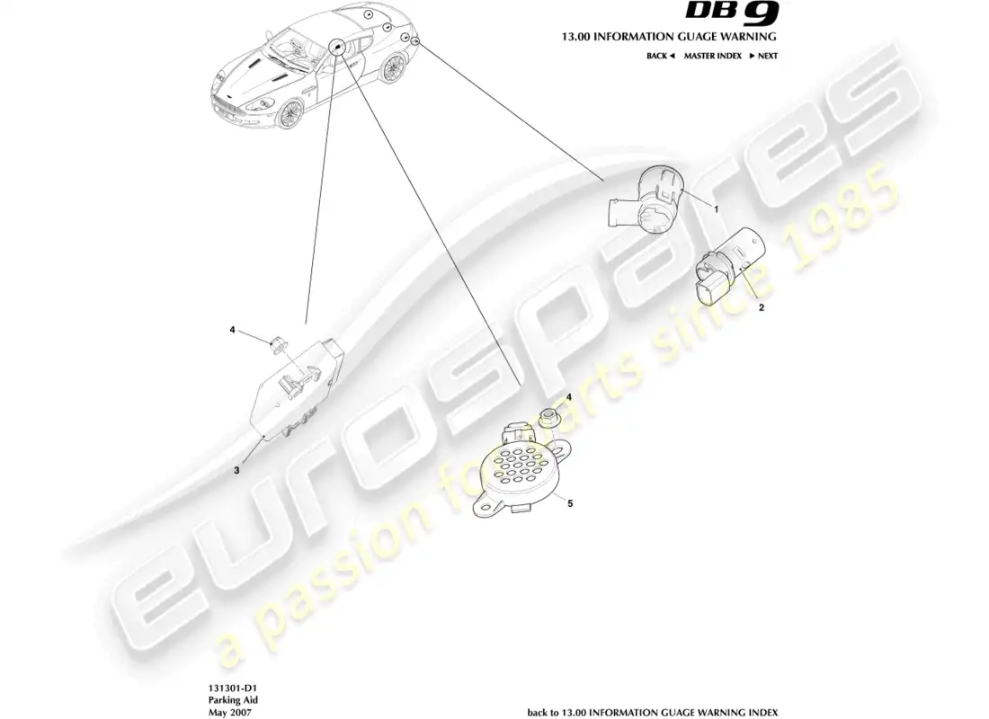 aston martin db9 (2004) parking aid sensors diagrama de piezas