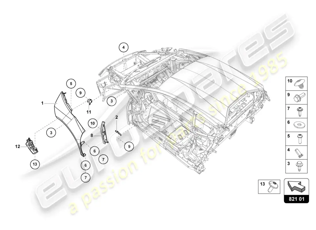 lamborghini evo spyder (2023) protector de ala delantero diagrama de piezas
