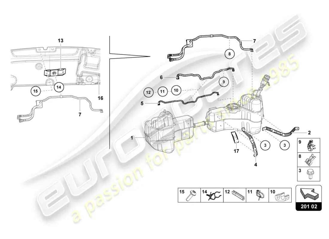 lamborghini tecnica (2023) para sujetadores de tanque de combustible y línea de combustible diagrama de piezas