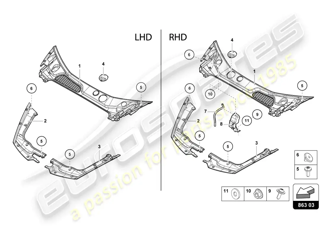 lamborghini evo coupe 2wd (2022) cubierta del extremo delantero diagrama de piezas