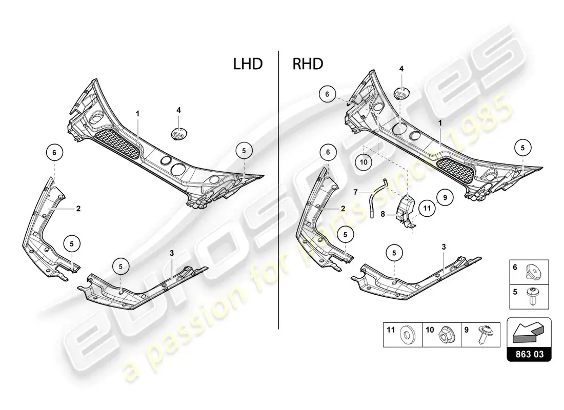 lamborghini tecnica (2023) cubierta del extremo delantero diagrama de piezas