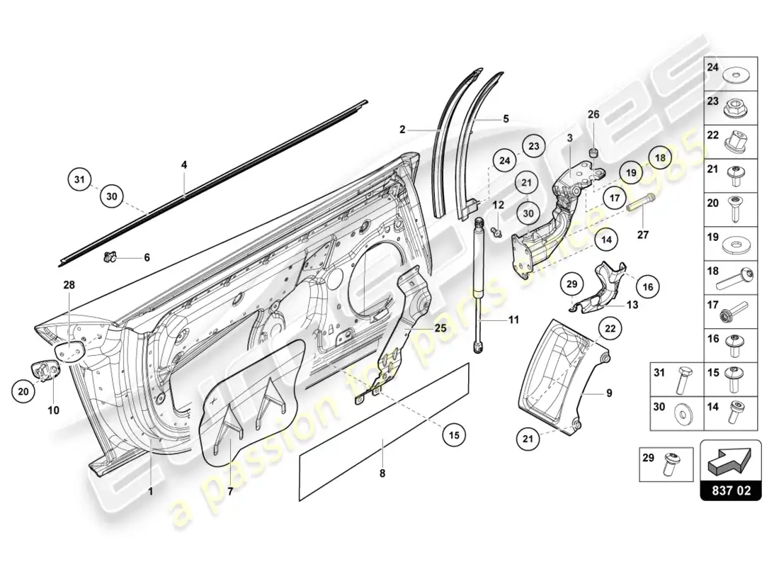 lamborghini sian roadster (2021) puerta del conductor y del pasajero diagrama de piezas