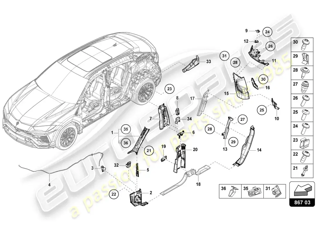 lamborghini urus s (2023) adorno del pilar diagrama de piezas