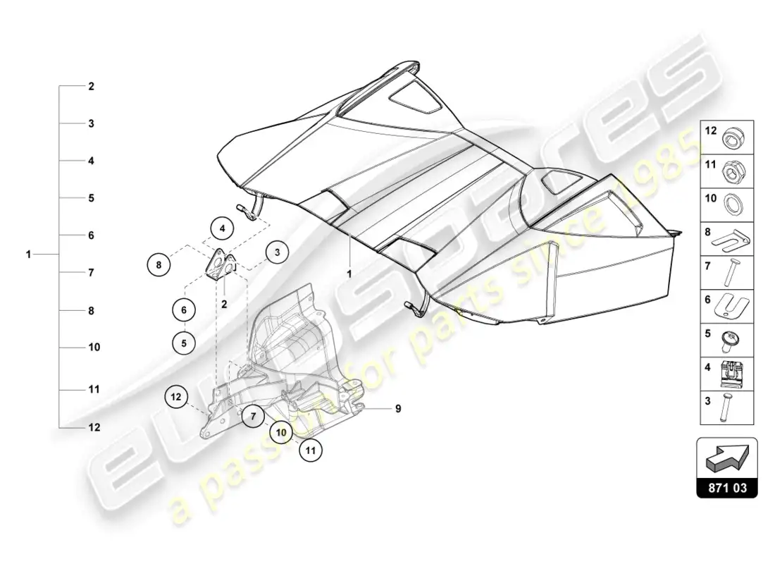 lamborghini evo spyder (2021) tapa de cofre de almacenamiento superior cabrio diagrama de piezas