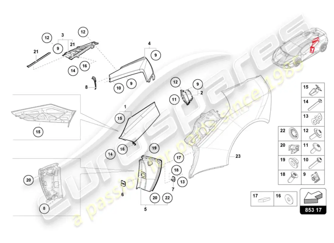 lamborghini tecnica (2023) panel de cubierta diagrama de piezas