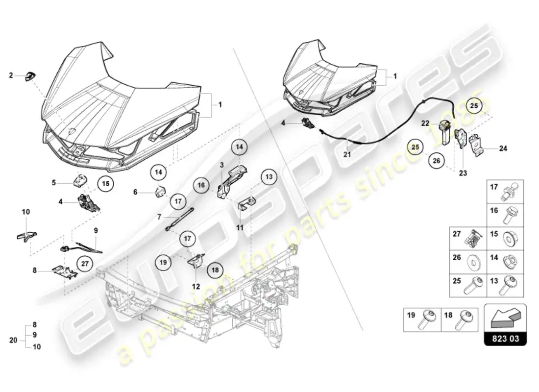 lamborghini sian roadster (2021) capó delantero diagrama de piezas