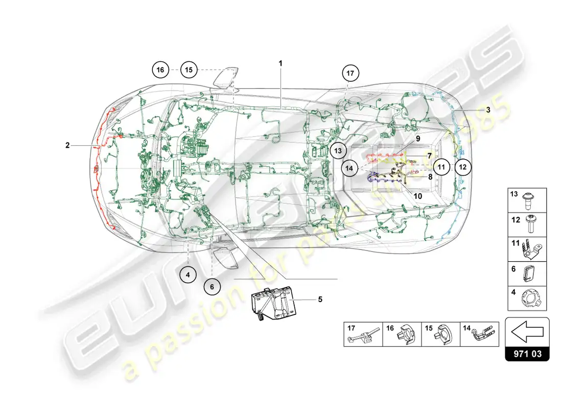 lamborghini evo coupe 2wd (2022) centro de cableado diagrama de piezas