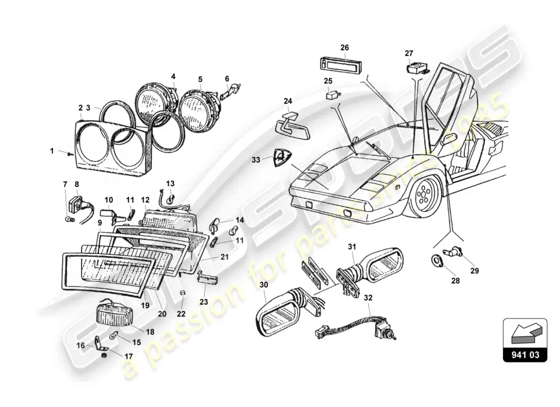 lamborghini countach 25th anniversary (1989) luces delanteras diagrama de piezas