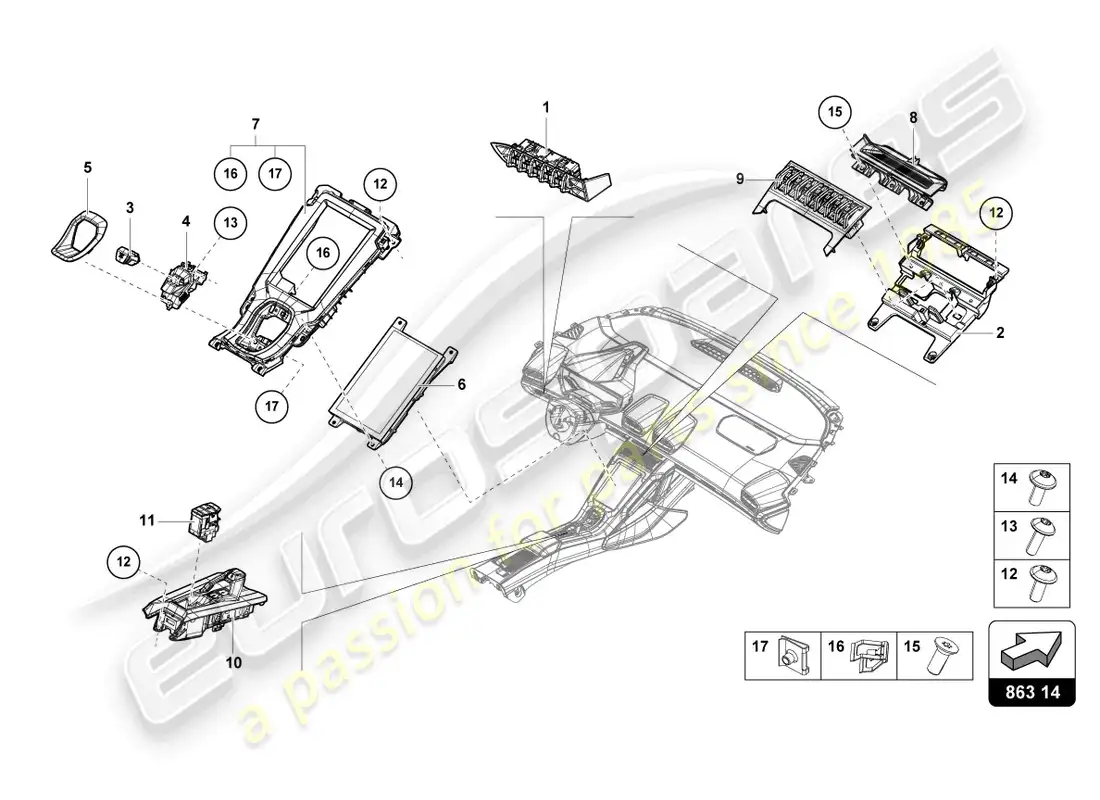 lamborghini evo coupe 2wd (2022) consola central, parte superior diagrama de piezas