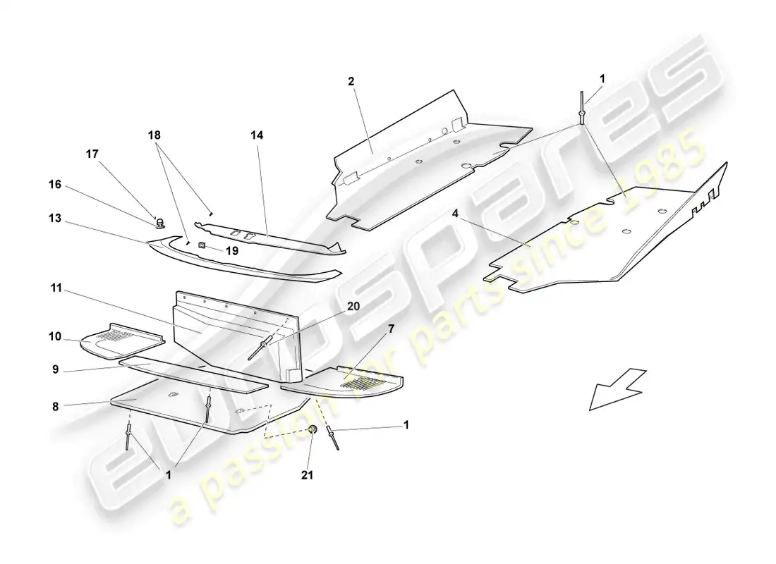 lamborghini lp640 roadster (2007) protección térmica para panel de suelo diagrama de piezas