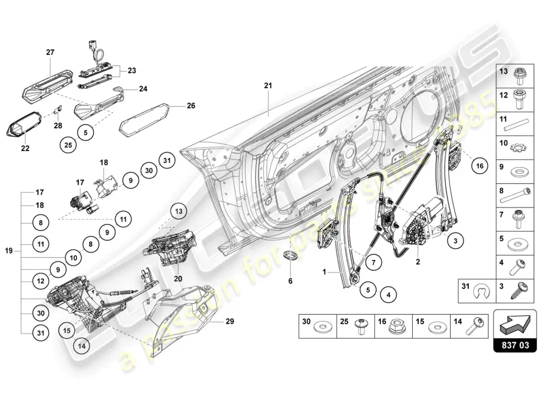 lamborghini sian roadster (2021) puerta del conductor y del pasajero diagrama de piezas
