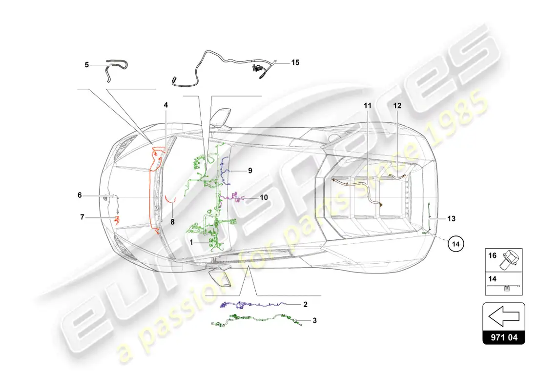 lamborghini evo spyder (2023) alambrado diagrama de piezas