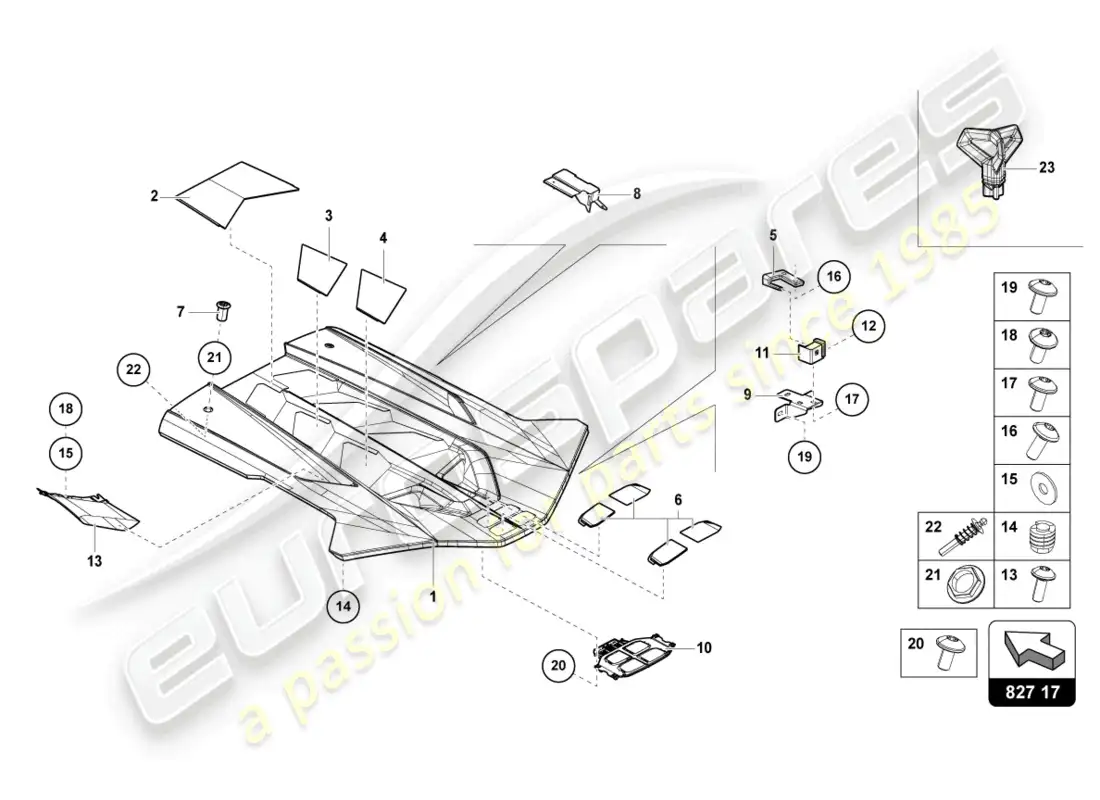 lamborghini sian roadster (2021) tapa del compartimiento del motor diagrama de piezas