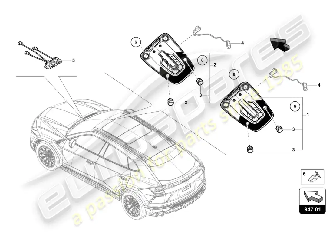lamborghini urus s (2024) luz interior y de lectura diagrama de piezas