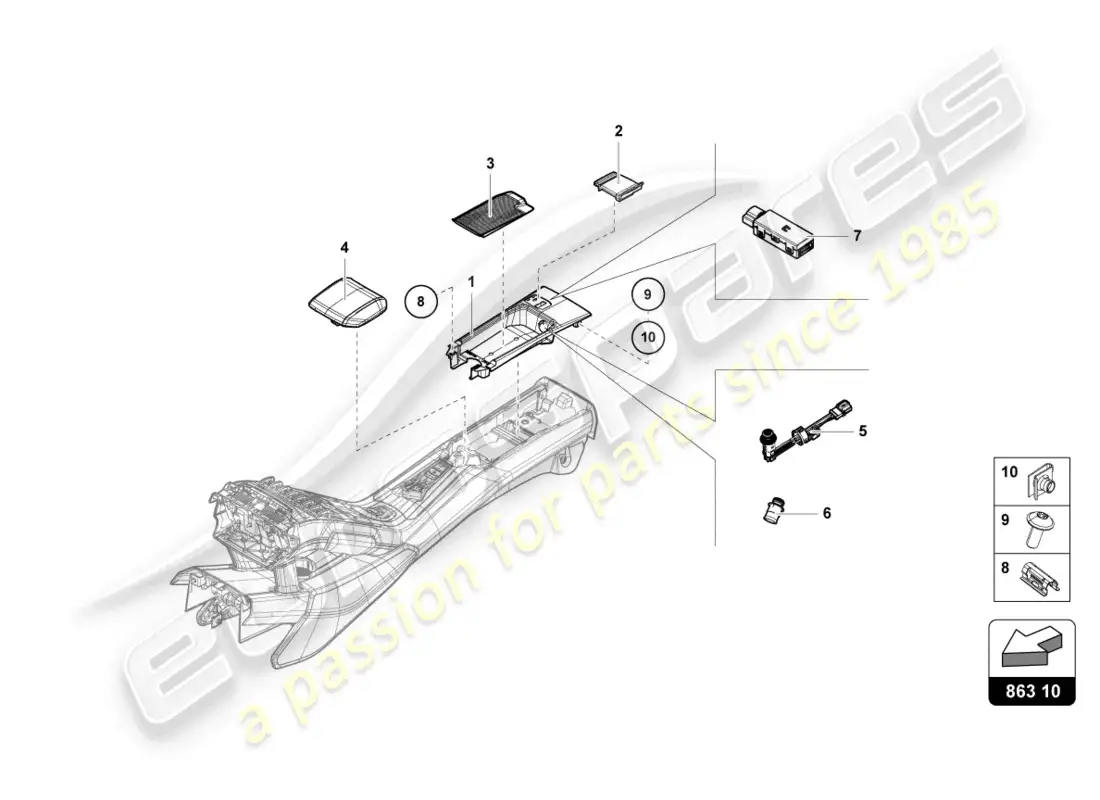 lamborghini tecnica (2023) compartimento de almacenaje diagrama de piezas