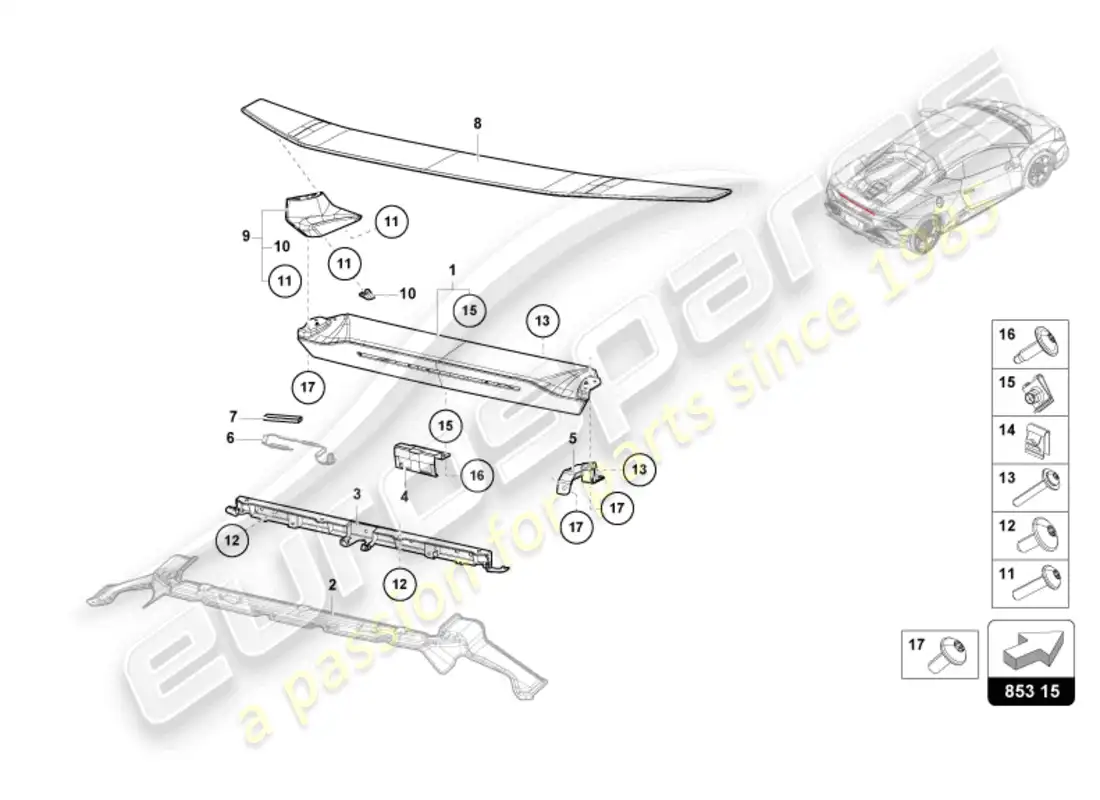 lamborghini tecnica (2023) parte superior del panel trasero diagrama de piezas